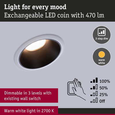 Dimmable LED recessed spotlight with warm white 2700K light and 3-step dimming via wall switch