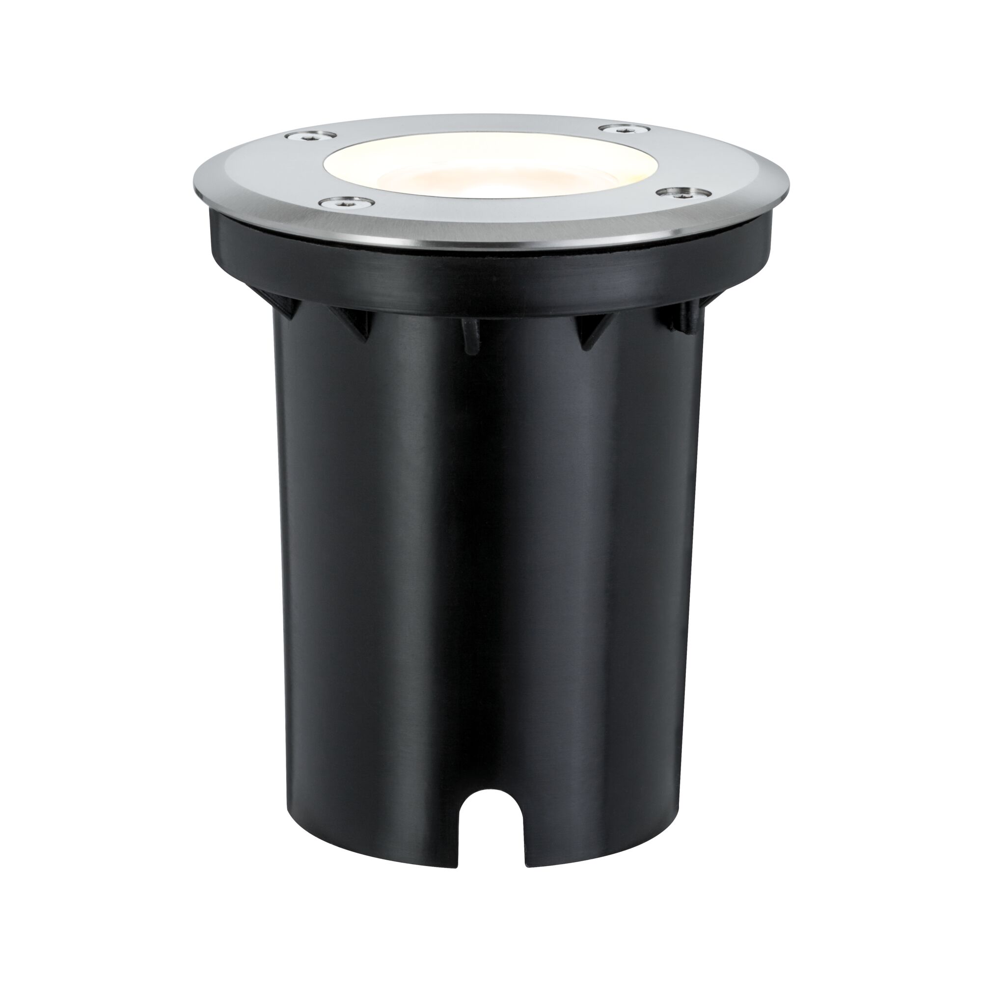 Runder Einbau-Bodenspot aus schwarzem Kunststoff mit Edelstahlring und warmweißem LED-Licht für Außenbereiche