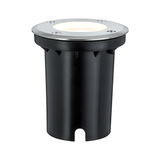 Runder Einbau-Bodenspot aus schwarzem Kunststoff mit Edelstahlring und warmweißem LED-Licht für Außenbereiche