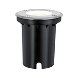 Round recessed floor spotlight in black plastic with stainless steel ring and warm white LED light for outdoor use