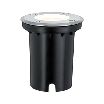 Ronde inbouwvloerspot van zwart kunststof met roestvrijstalen ring en warm wit LED-licht voor buiten