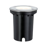 Ronde inbouwvloerspot van zwart kunststof met roestvrijstalen ring en warm wit LED-licht voor buiten