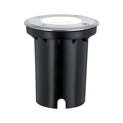 Ronde inbouwvloerspot van zwart kunststof met roestvrijstalen ring en warm wit LED-licht voor buiten