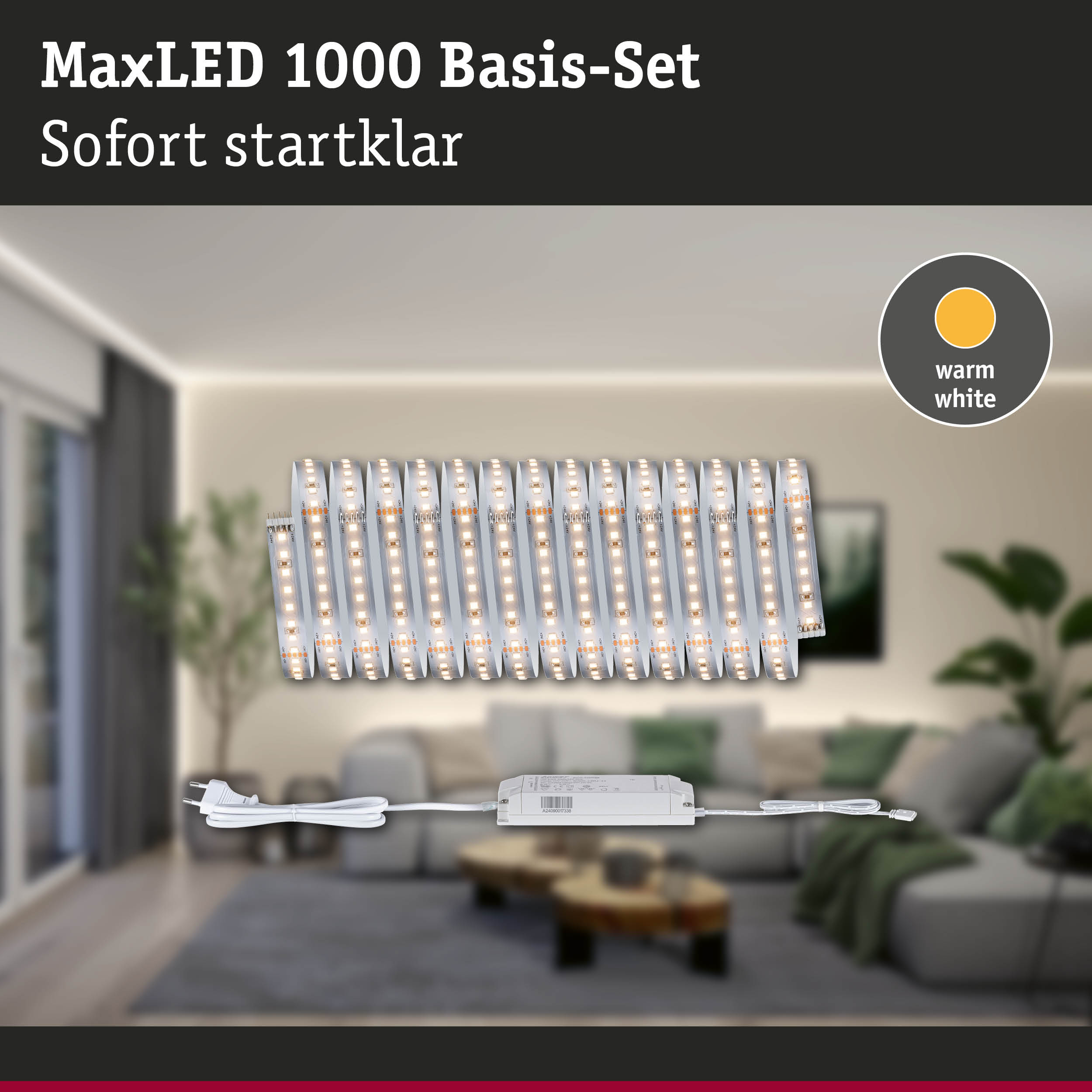 MaxLED 1000 Basis-Set mit warmweißen LED-Streifen und Netzteil für einfache Raumbeleuchtung