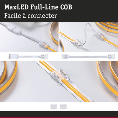 Bande LED MaxLED Full-Line COB avec connecteur transparent et câble blanc pour connexion facile