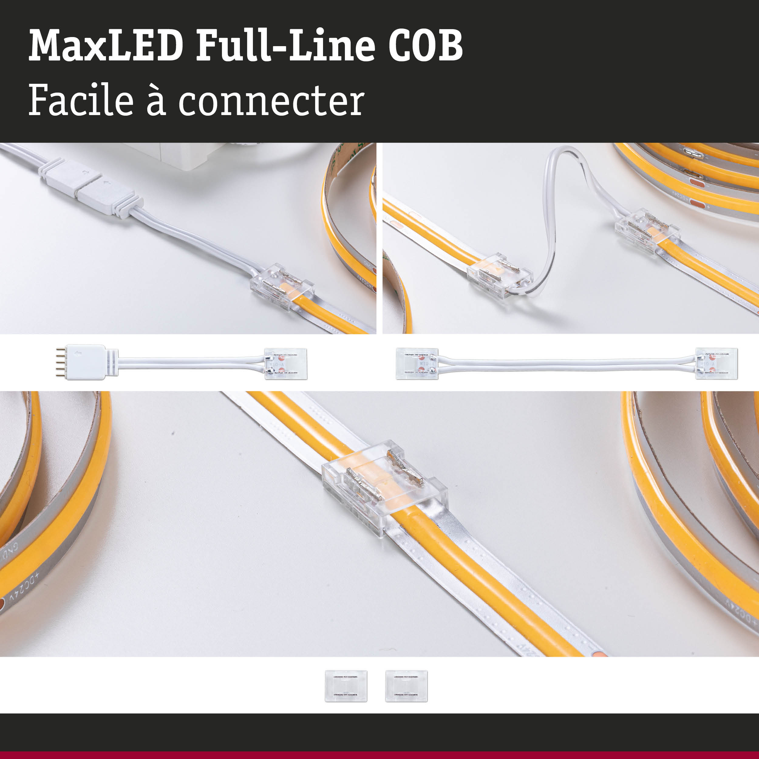 Bande LED MaxLED Full-Line COB avec connecteurs transparents et bande lumineuse jaune, facile à connecter