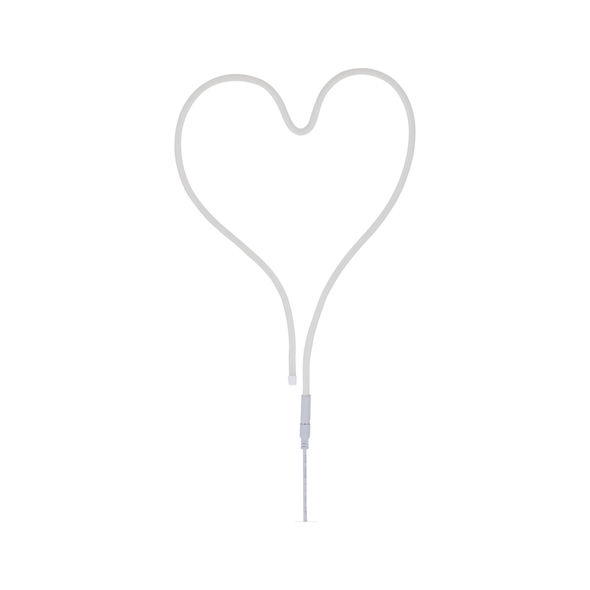 Heart-shaped white LED light strip with cable for decorative lighting purposes.