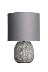 Lampe de table moderne avec abat-jour gris en tissu et base en céramique à motif blanc pour intérieur