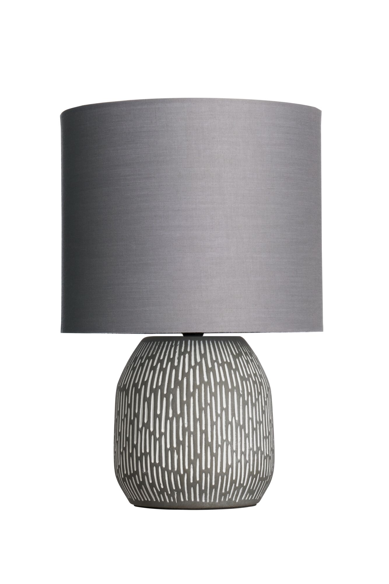Moderne Tischlampe mit grauem Stoffschirm und Keramikfuß mit weißem Muster für Wohnräume