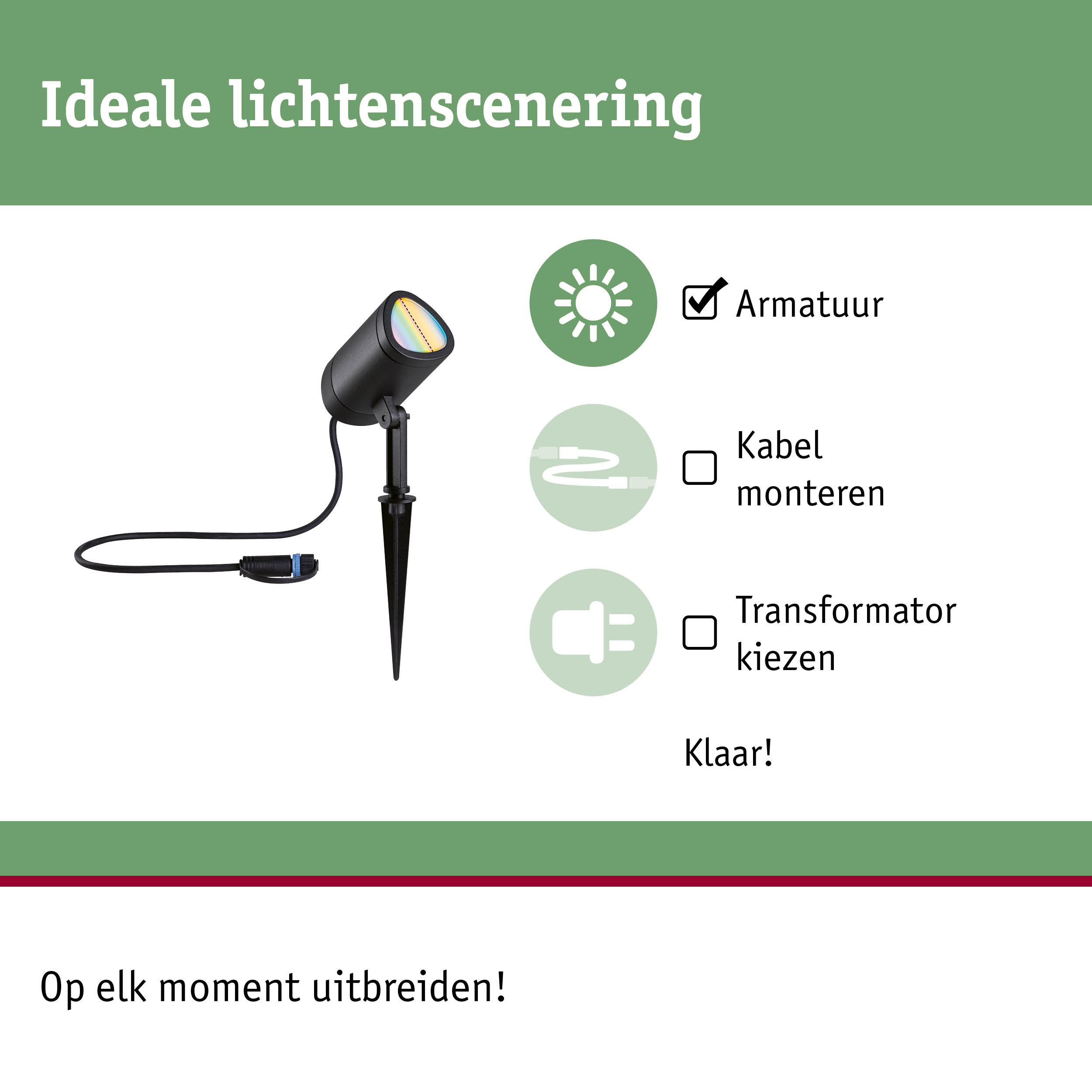 Zwarte LED-tuinschijnwerper met grondpen en kabel voor flexibele buitenverlichting