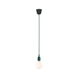 Minimalistische groene hanglamp met witte lamp en zwarte plafondbevestiging voor moderne interieurs