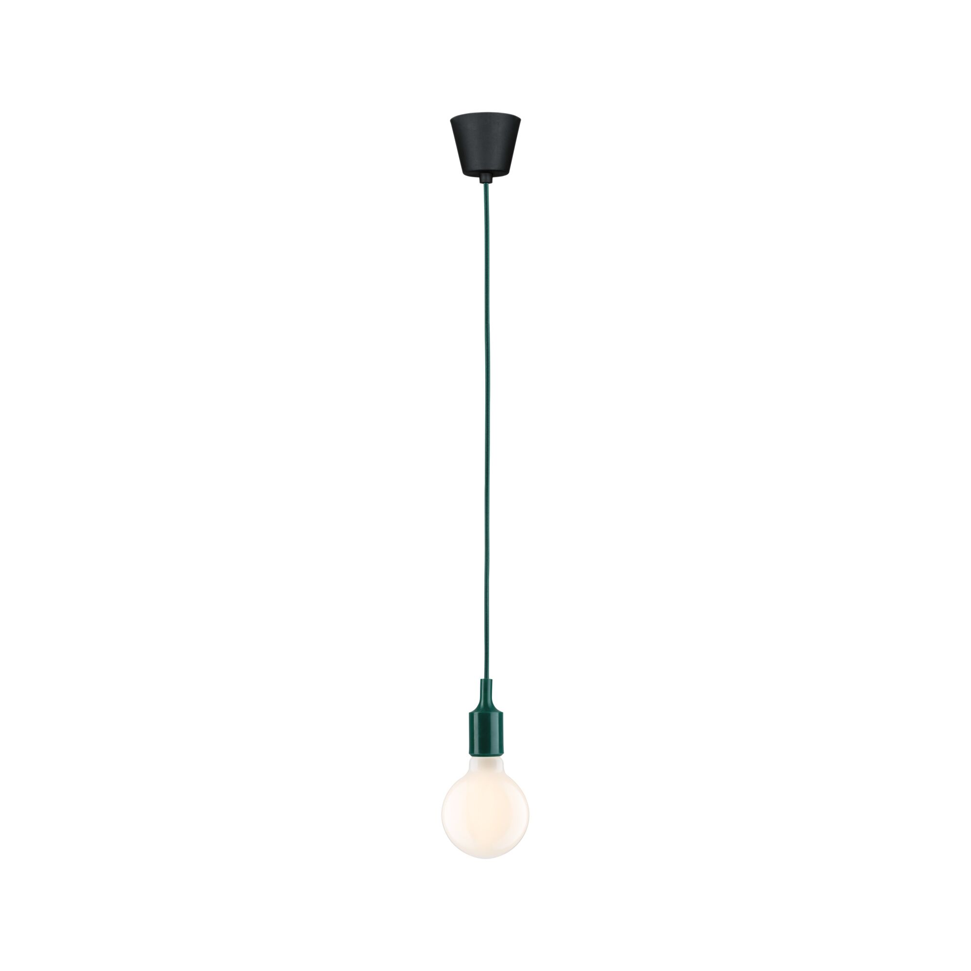 Minimalist green pendant light with white bulb and black ceiling mount for modern interiors