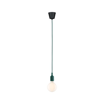 Minimalist green pendant light with white bulb and black ceiling mount for modern interiors