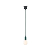 Minimalist green pendant light with white bulb and black ceiling mount for modern interiors