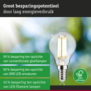 Energiezuinige LED-gloeilamp met helder glas en zilveren fitting tegen wazige achtergrond