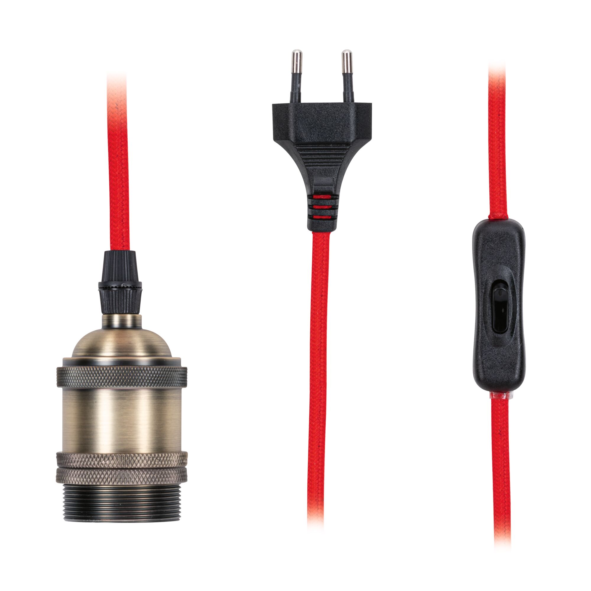 Antique brass lamp holder with red fabric cable, switch and Euro plug for lighting solutions.