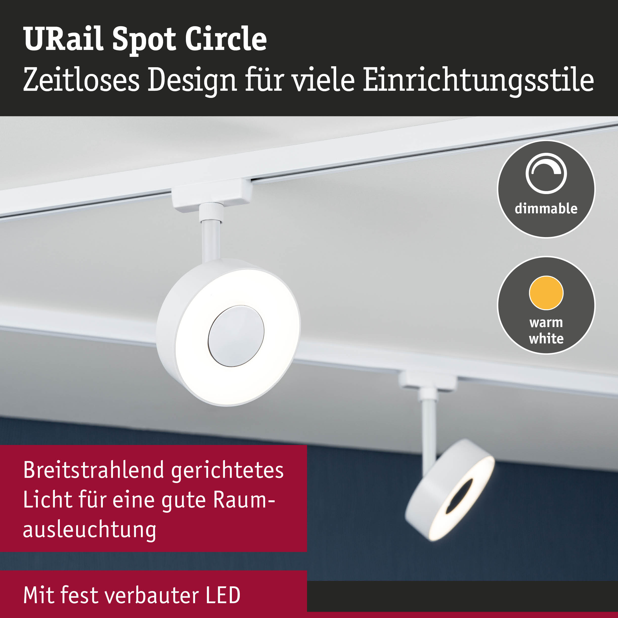 Weißer URail Spot Circle LED-Strahler mit dimmbarer warmweißer Beleuchtung für moderne Innenräume