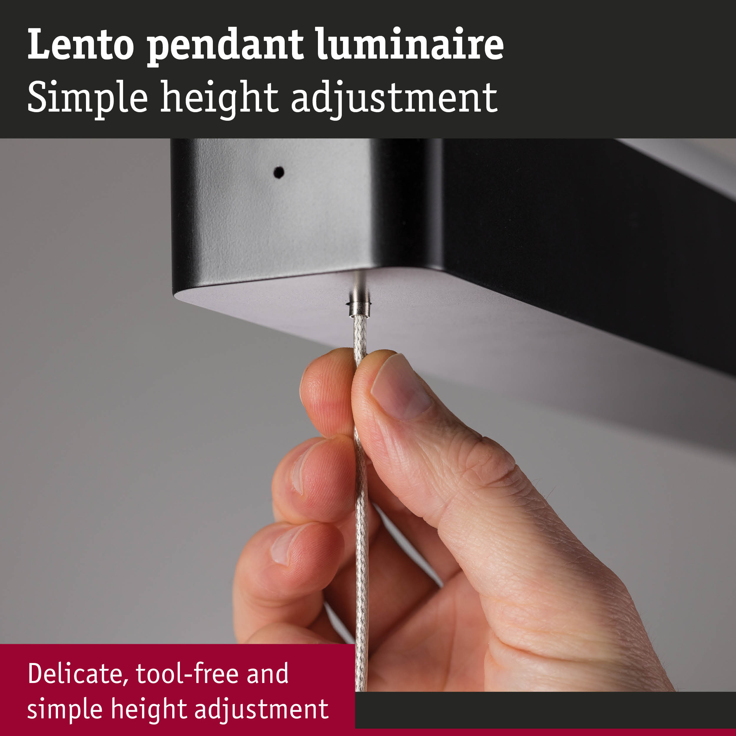 Lento pendant luminaire with black metal housing and simple height-adjustable cable suspension