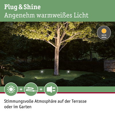 Warmweißes Gartenlicht mit Plug & Shine System schafft stimmungsvolle Atmosphäre im Außenbereich