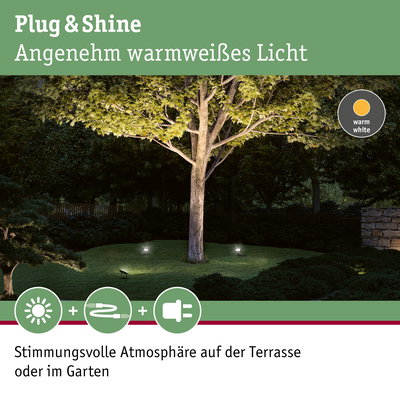 Warmweißes Gartenlicht mit Plug & Shine System schafft stimmungsvolle Atmosphäre im Außenbereich