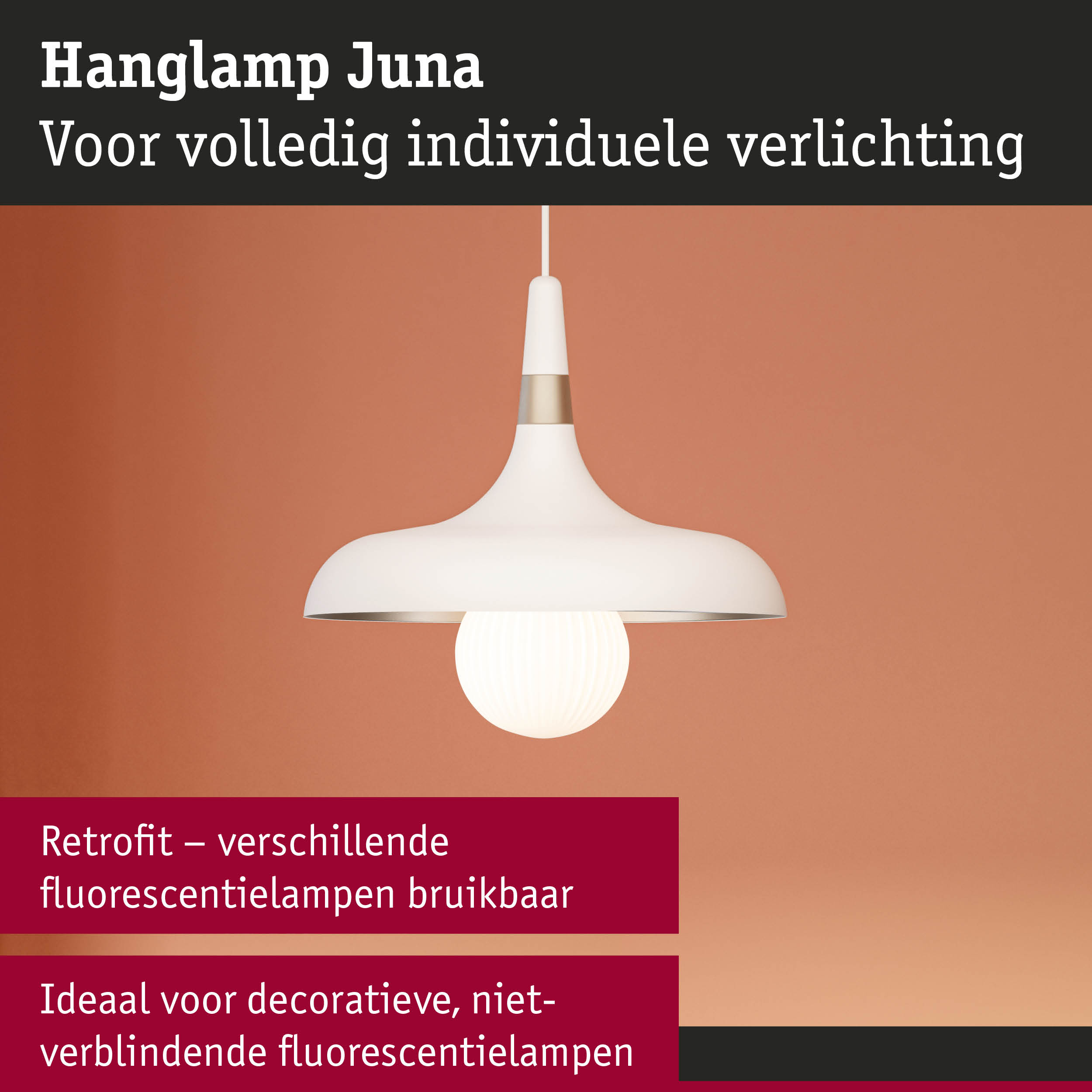 Witte hanglamp Juna met ronde kap en warm licht tegen bruine achtergrond voor interieurverlichting