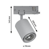 Grey metal LED spotlight with 78 mm diameter and 142 mm height, modern indoor lighting fixture