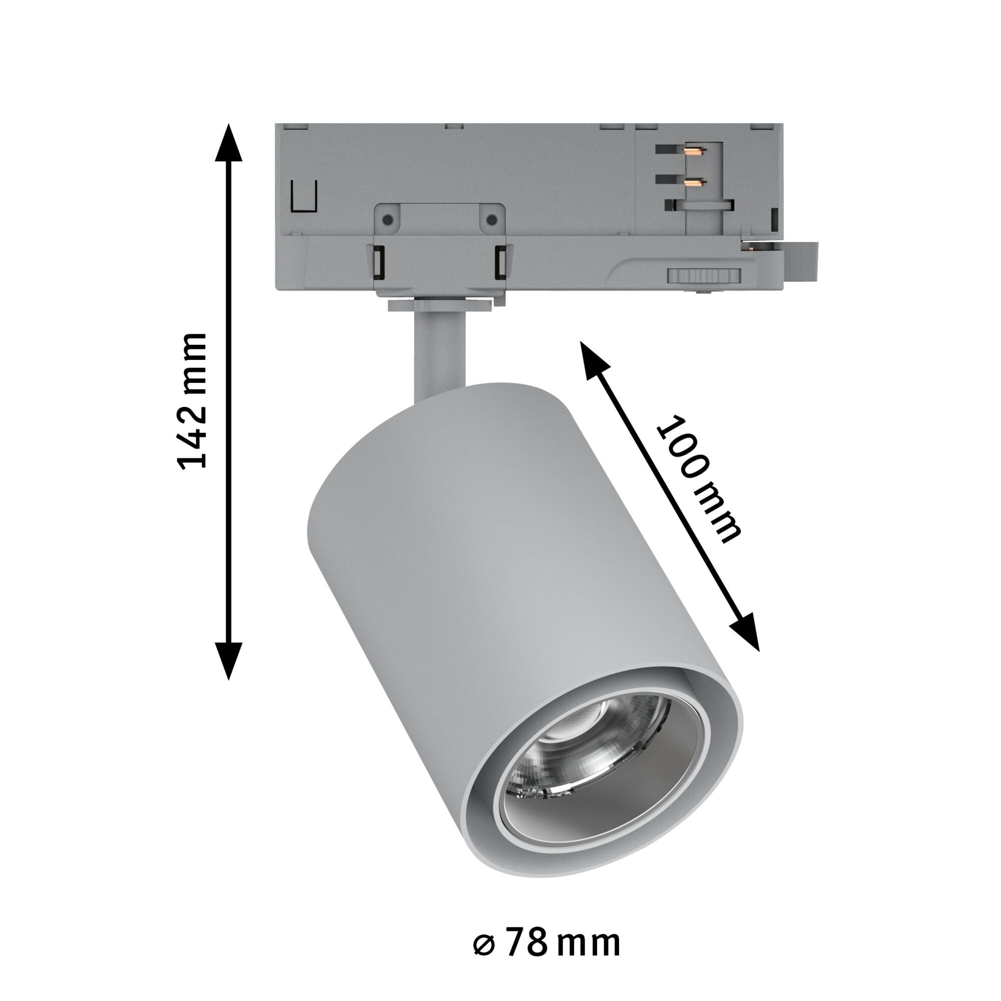 Grauer LED-Strahler aus Metall mit 78 mm Durchmesser und 142 mm Höhe, moderne Innenbeleuchtung