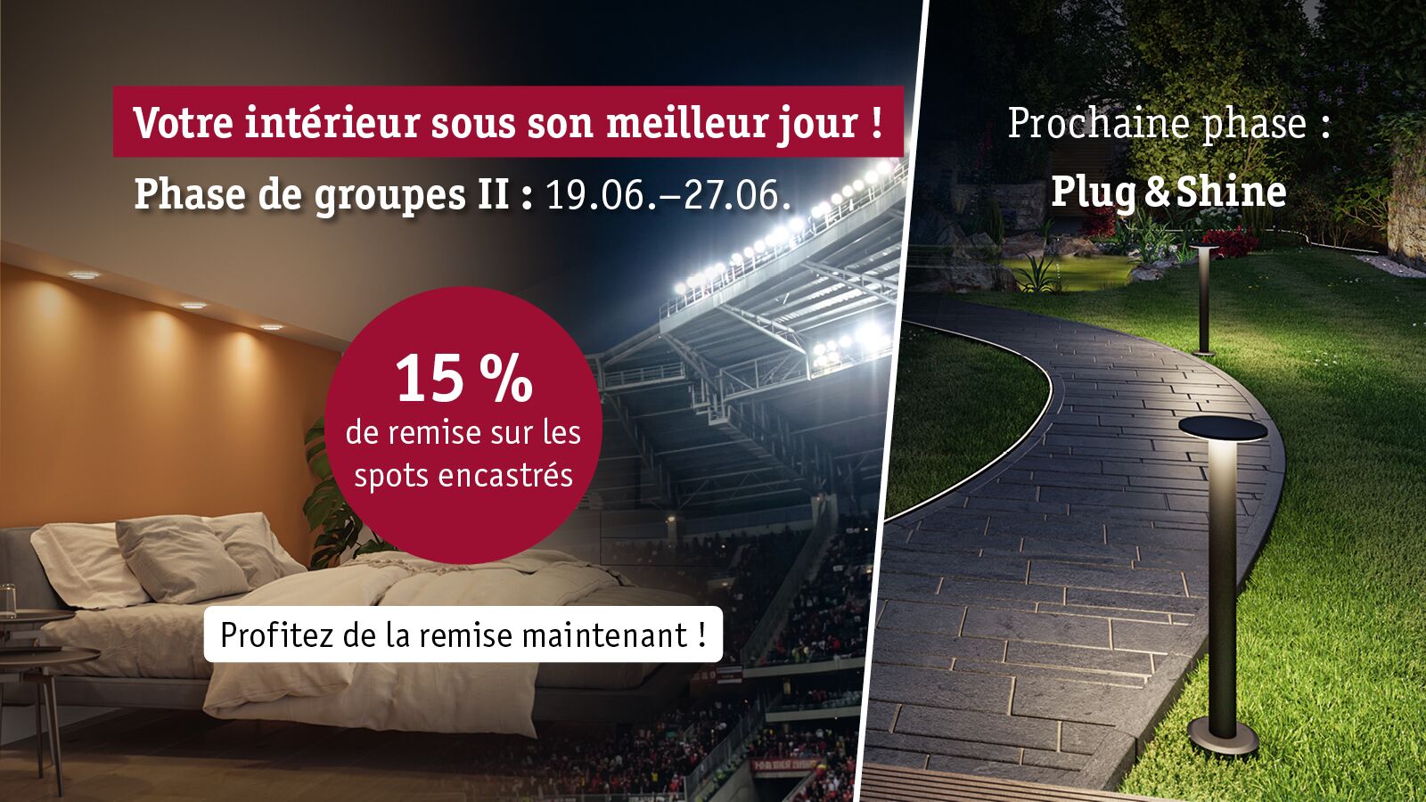 Publicité pour 15% de remise sur spots encastrés avec éclairage chambre et chemin extérieur la nuit