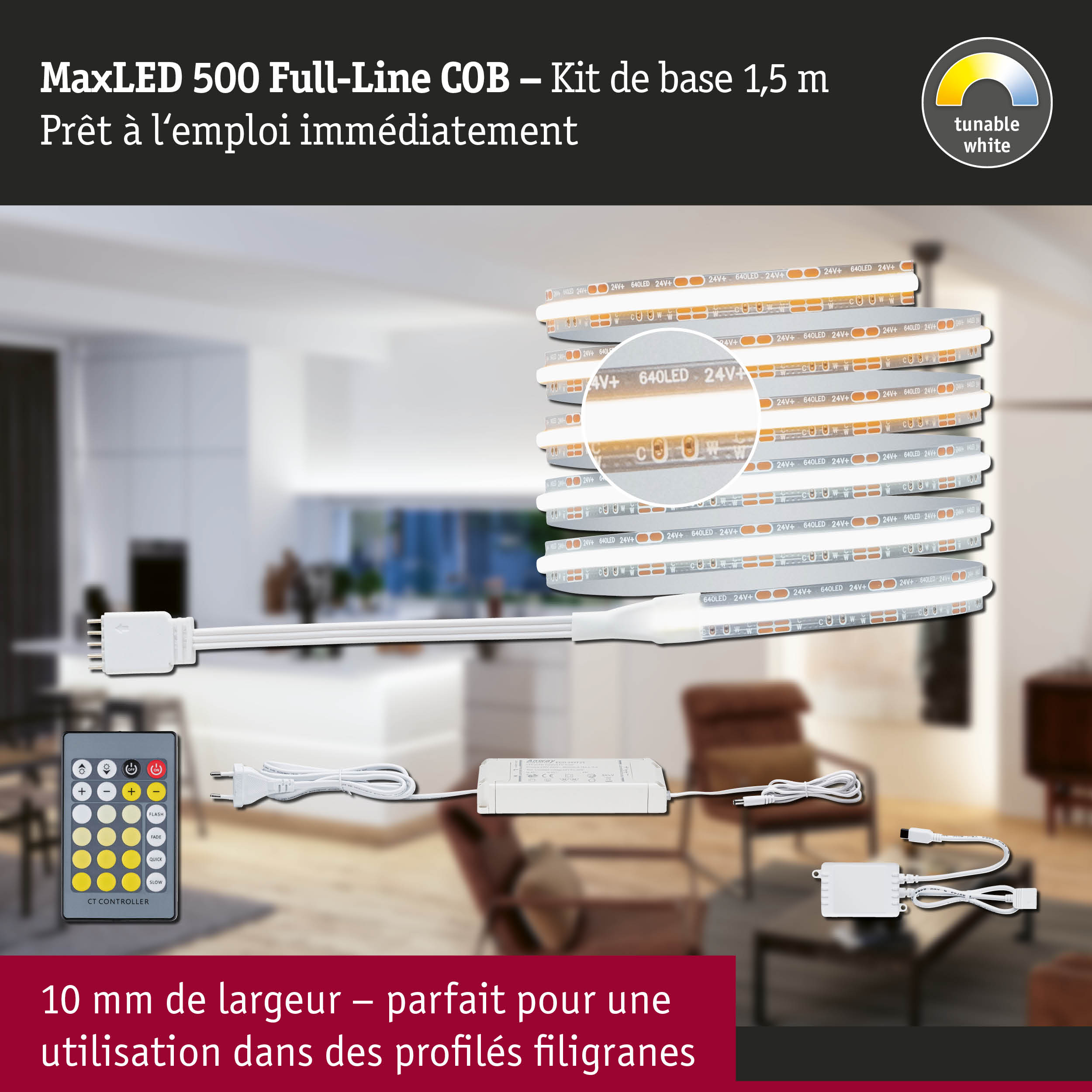 Kit bande LED MaxLED 500 Full-Line COB avec télécommande et alimentation pour lumière blanche réglable