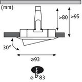 Technical drawing of recessed spotlight with 93 mm diameter and 30-degree tilt, showing electrical connection.