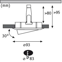 Technische Zeichnung eines Einbaustrahler mit 93 mm Durchmesser und 30 Grad Neigung, elektrische Anschlussdetails.