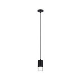 Black metal pendant light with clear glass bottom, modern LED hanging lamp for living spaces