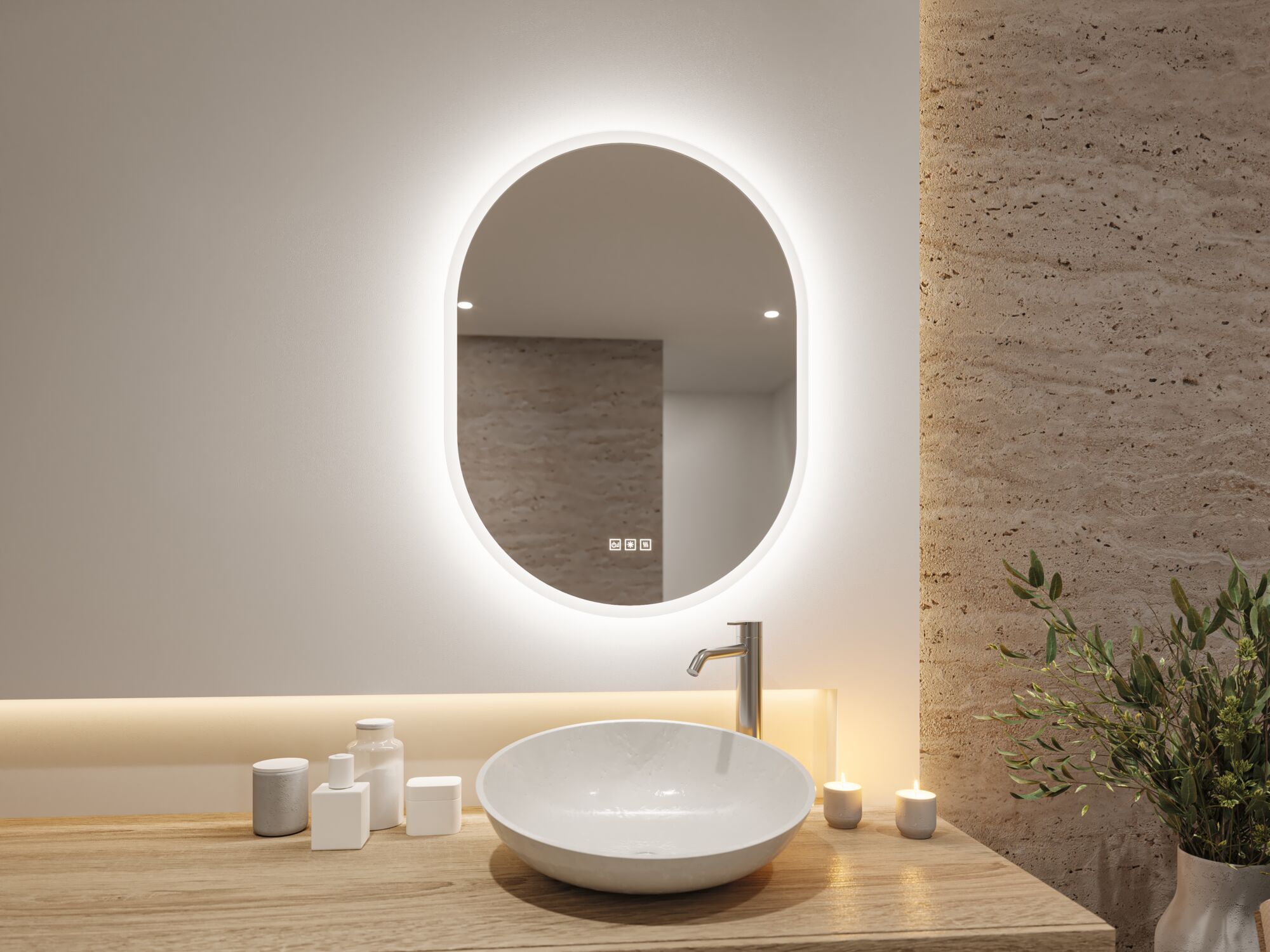 Ovaal LED-verlicht badkamer spiegel aan witte muur boven houten blad met keramische wasbak en kaarsen