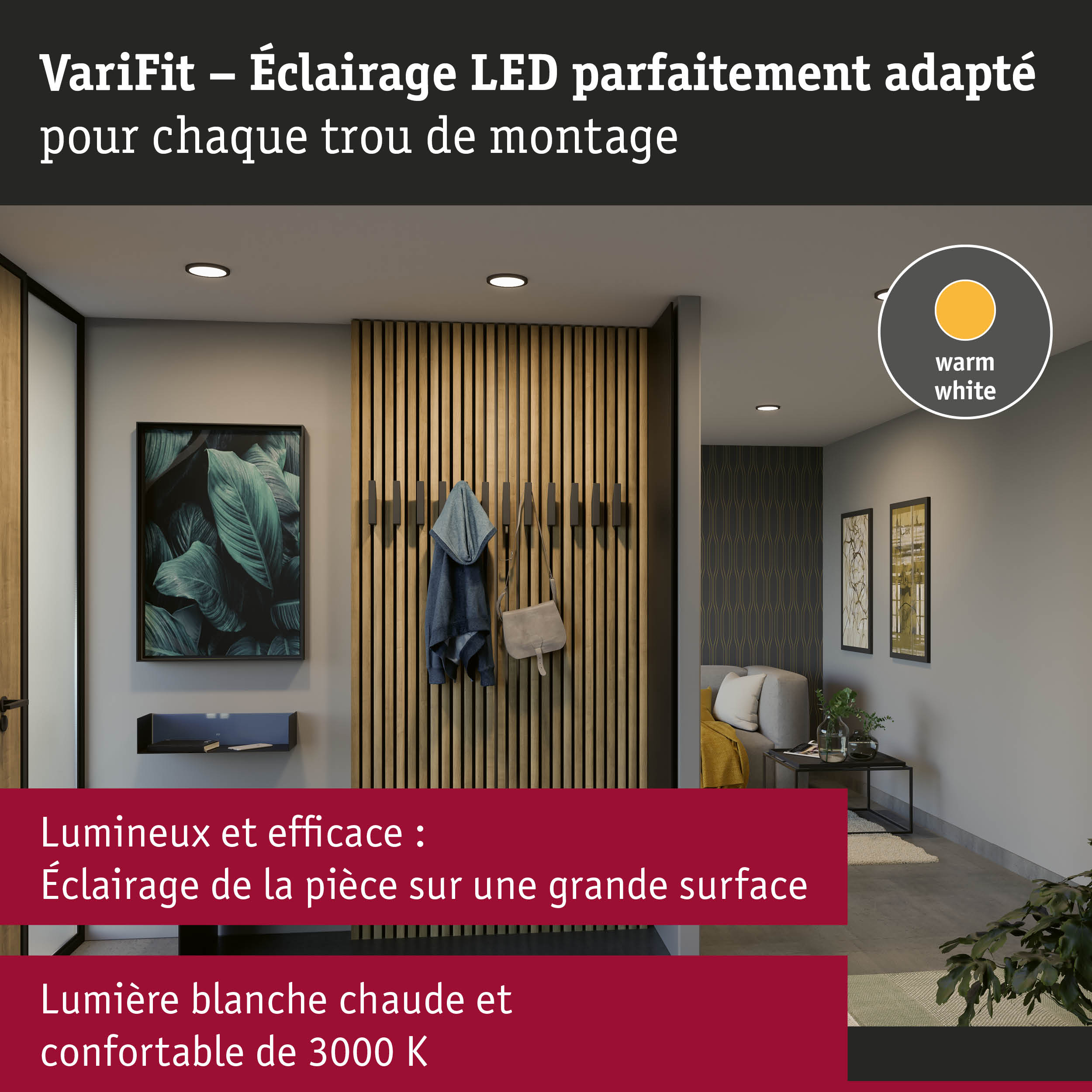 Spot LED encastré VariFit lumière blanc chaud 3000K dans un couloir moderne avec panneaux en bois