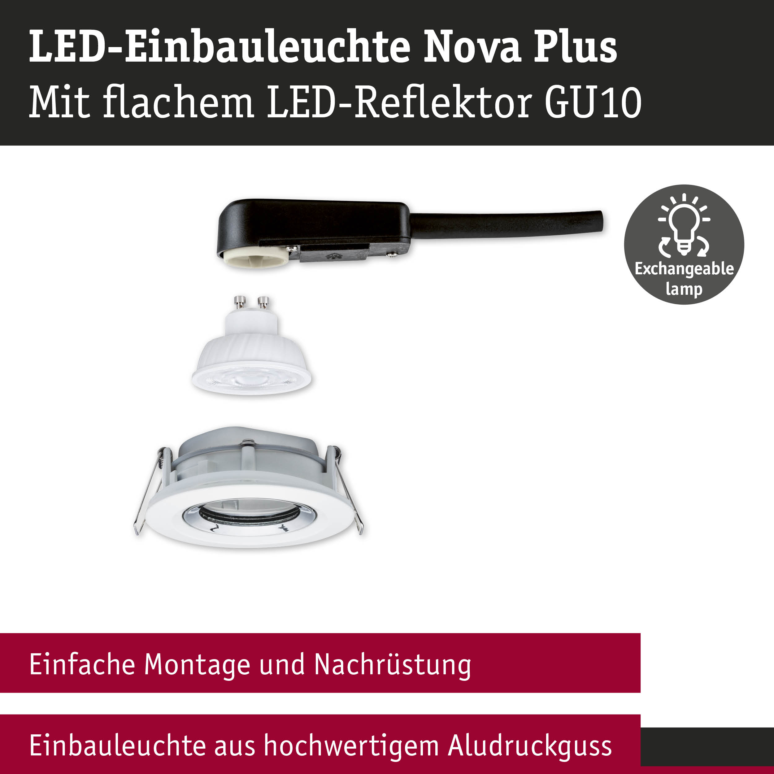 LED-Einbauleuchte Nova Plus mit flachem GU10 LED-Reflektor und weißem Aludruckgussgehäuse