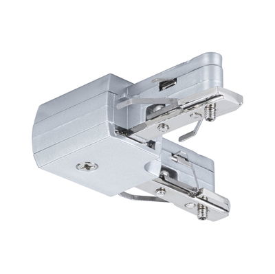 Zilverkleurige metalen connector voor railsystemen met schroefmechanisme voor verlichting