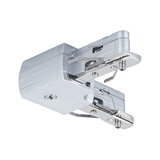 Zilverkleurige metalen connector voor railsystemen met schroefmechanisme voor verlichting