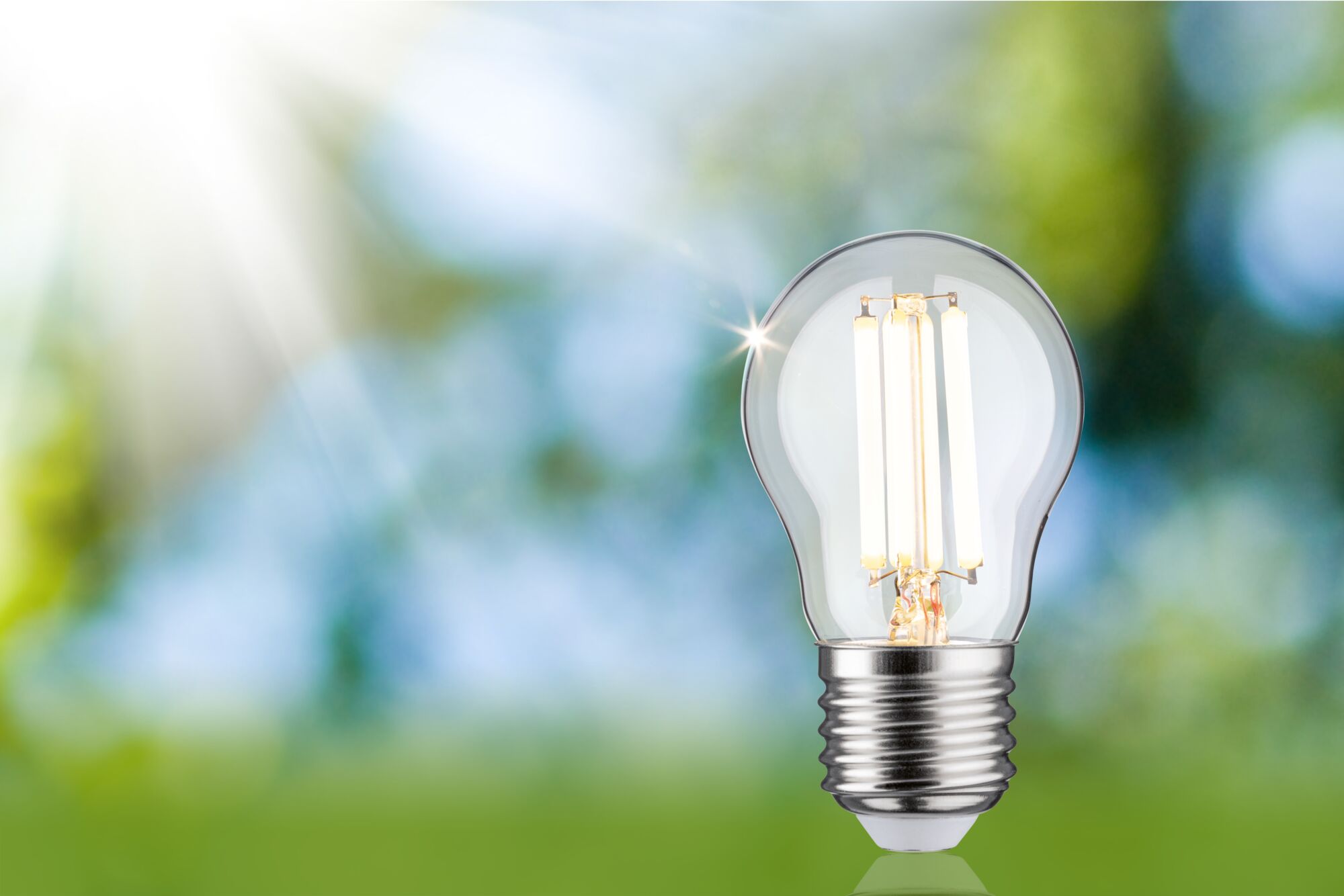 Classic LED light bulb with clear glass and silver base against green-blue blurred background