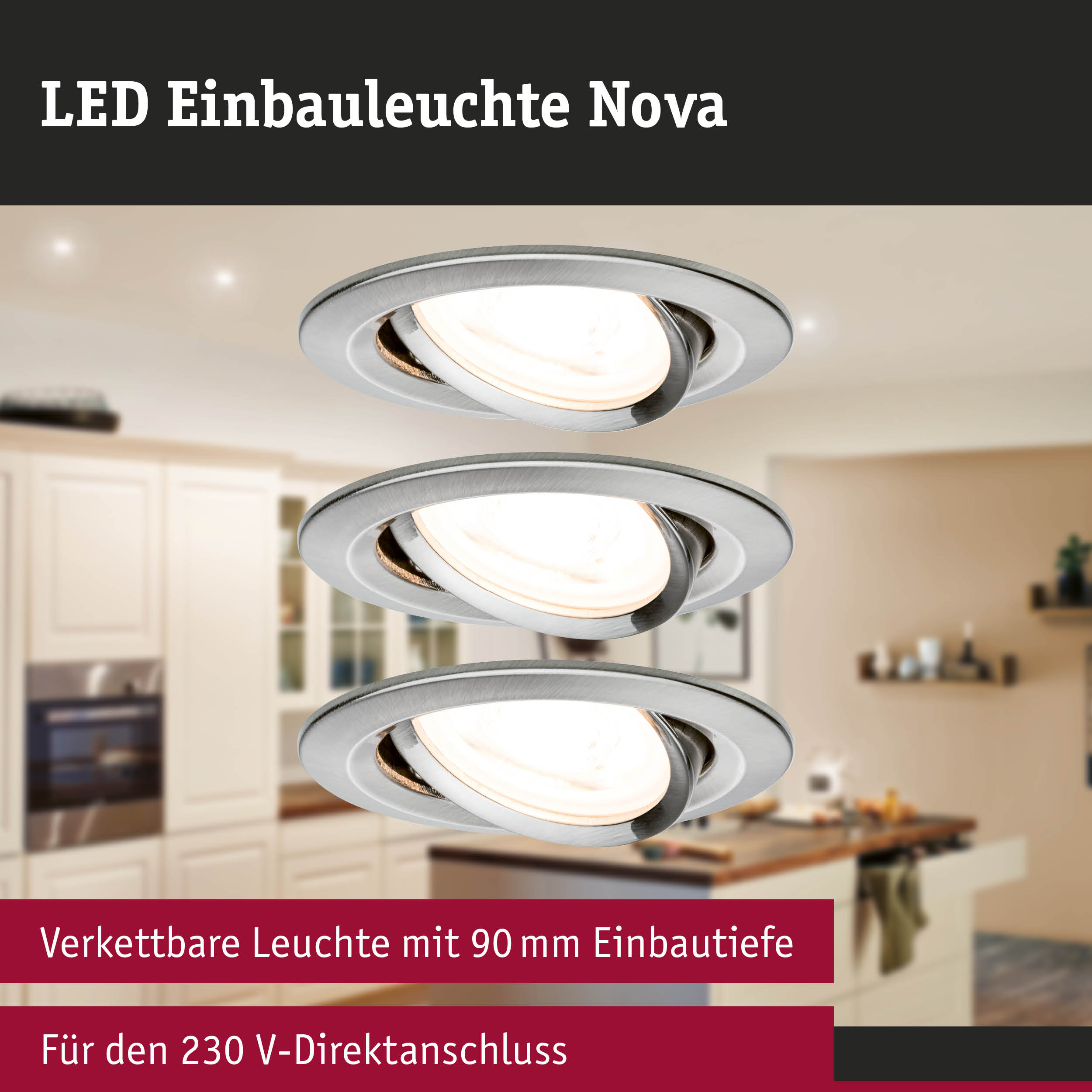 LED Einbauleuchte Nova aus gebürstetem Aluminium in Silber für moderne Küchenbeleuchtung