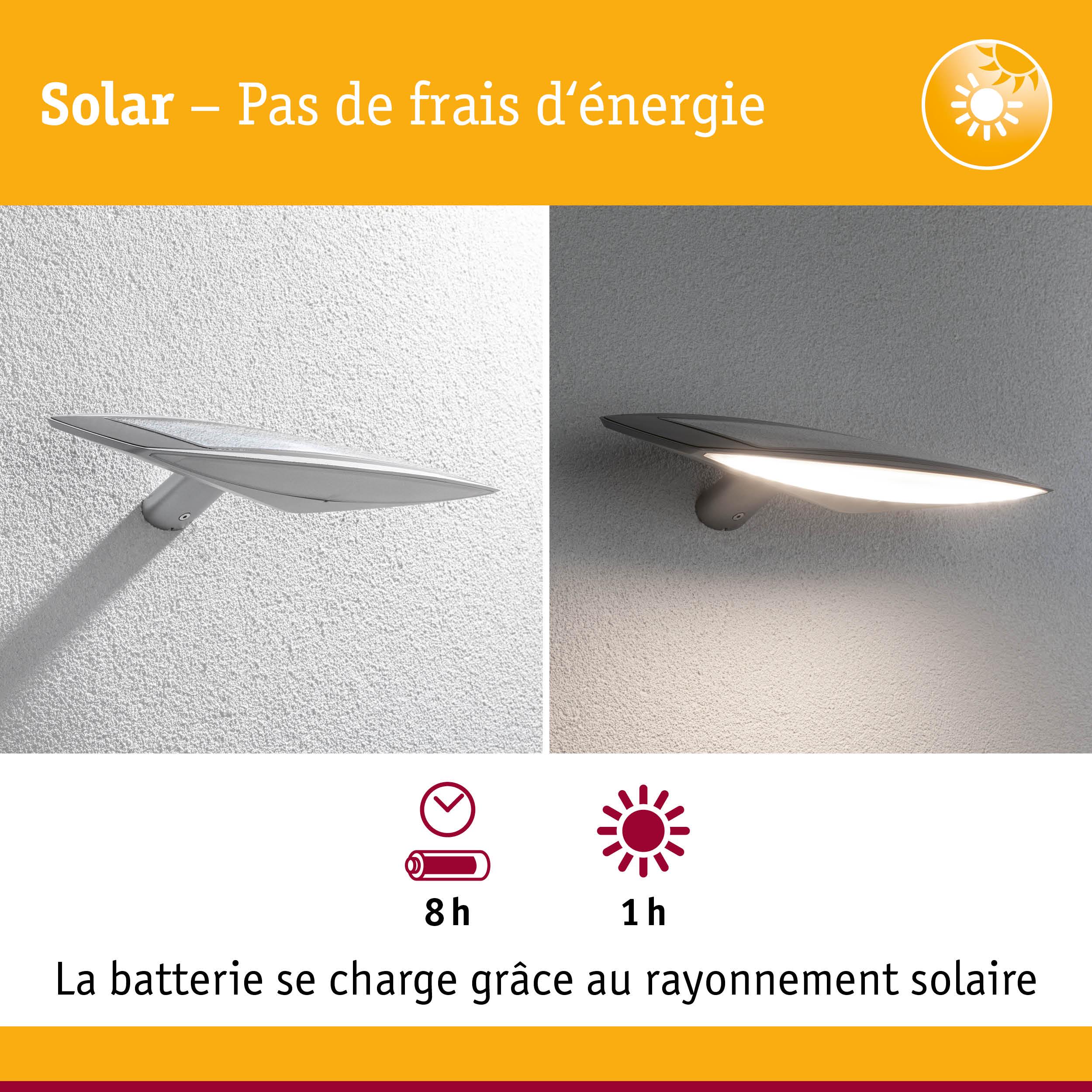 Applique murale solaire grise avec LED, charge en 1 heure, éclaire jusqu’à 8 heures