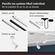 Système de rail modulaire URail avec rails blancs et noirs et spots blancs pour un éclairage flexible