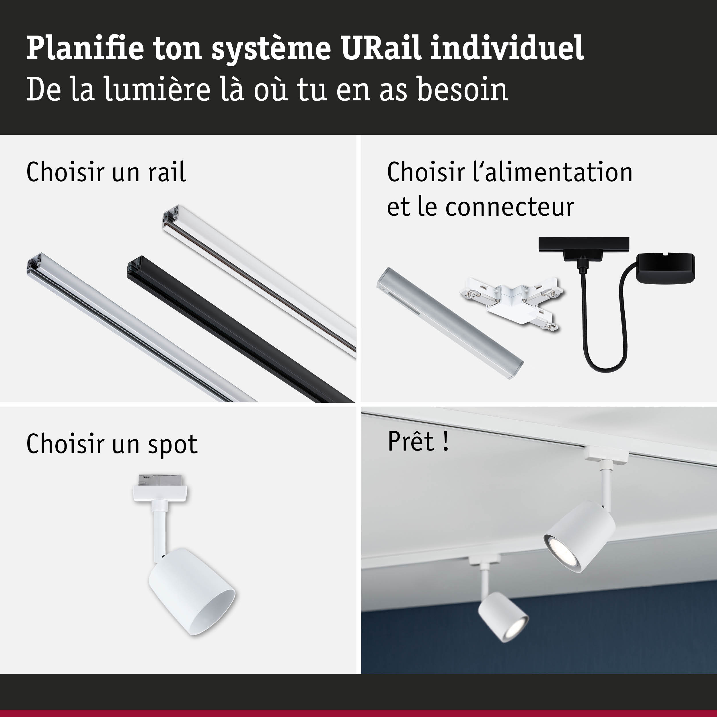 Système de rail modulaire URail avec rails blancs et noirs et spots blancs pour un éclairage flexible