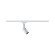 Moderner weißer LED-Strahler aus Metall an Schienensystem für flexible Beleuchtung