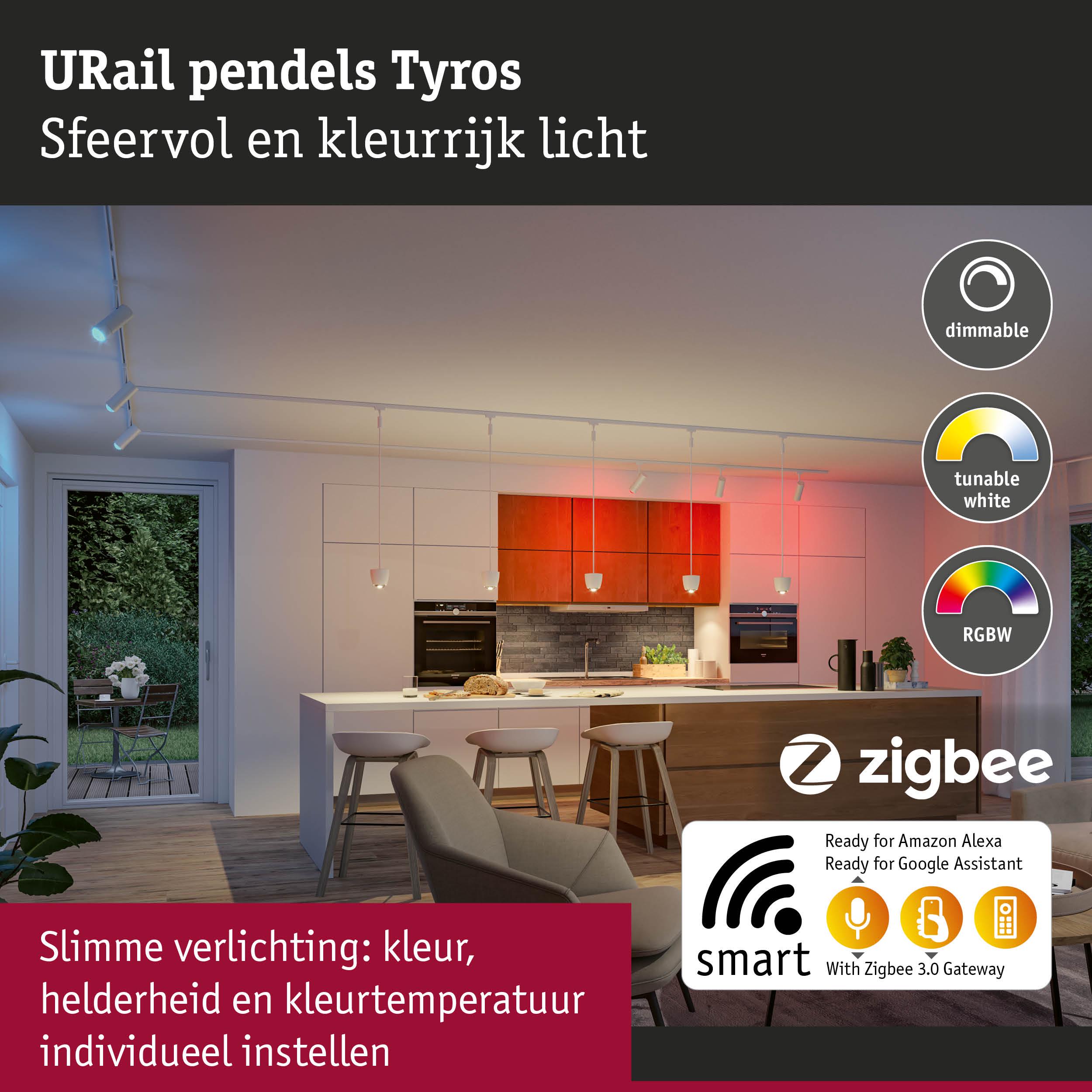 Moderne keuken met dimbare witte pendelverlichting en RGBW-kleurregeling voor slimme verlichting