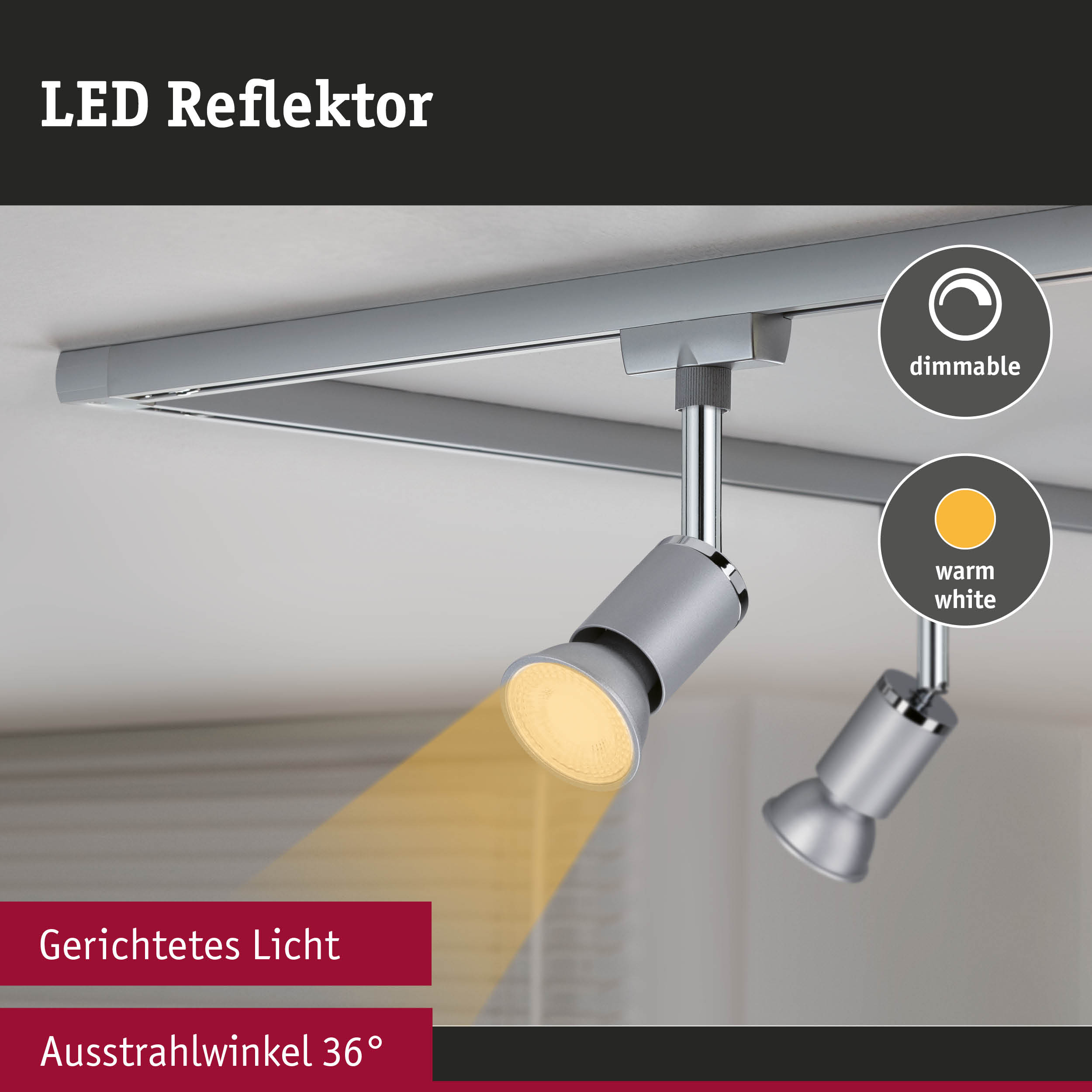 Dimmbarer LED-Reflektor in Grau mit warmweißem Licht und 36° Ausstrahlwinkel für gezielte Beleuchtung