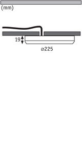 Technische Zeichnung eines flachen LED-Einbauleuchtensystems mit 225 mm Durchmesser und 19 mm Höhe