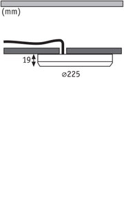 Technische Zeichnung eines Einbauleuchtensystems mit 225 mm Durchmesser und 19 mm Einbautiefe