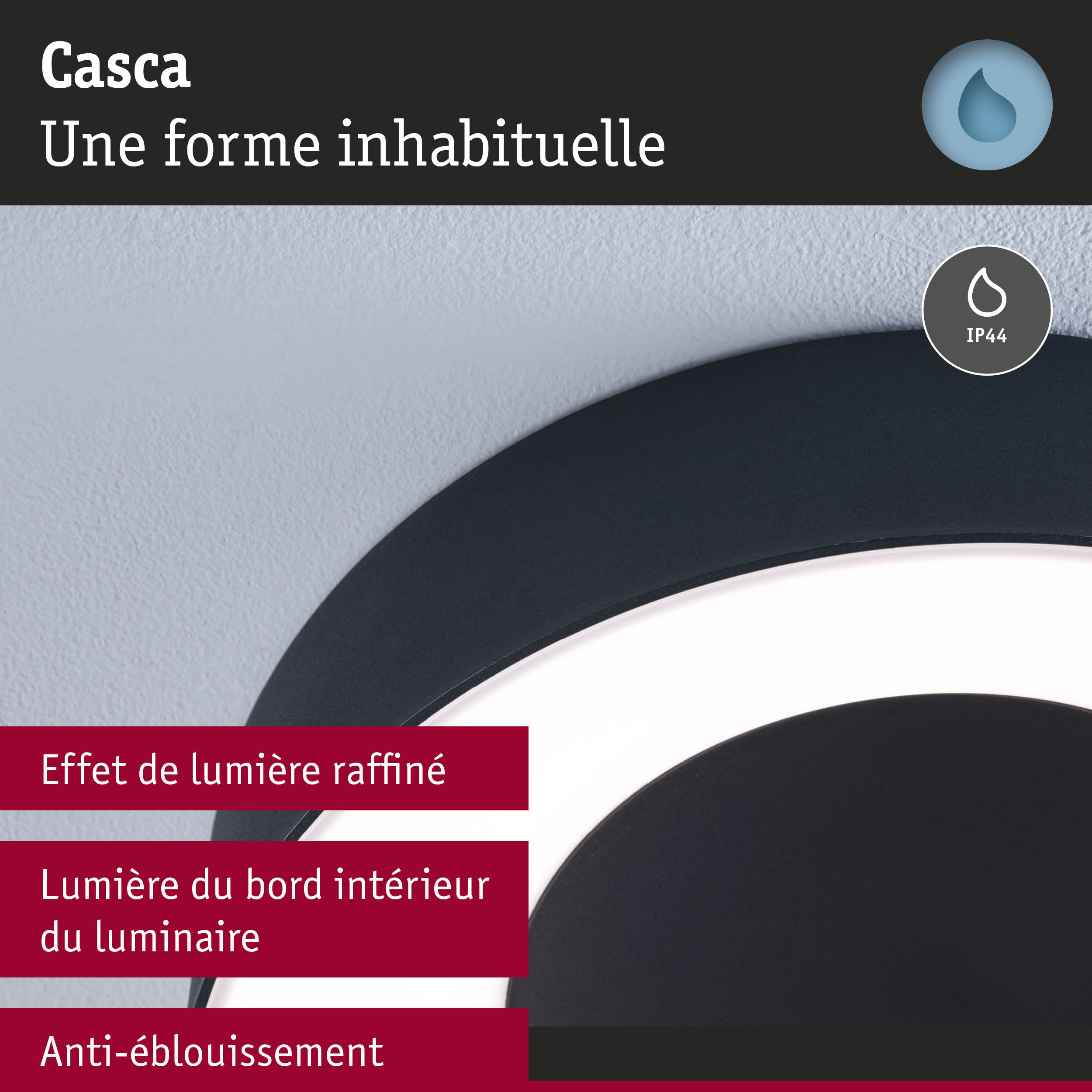 Plafonnier LED Casca noir avec indice IP44 et effet lumineux raffiné pour usage intérieur