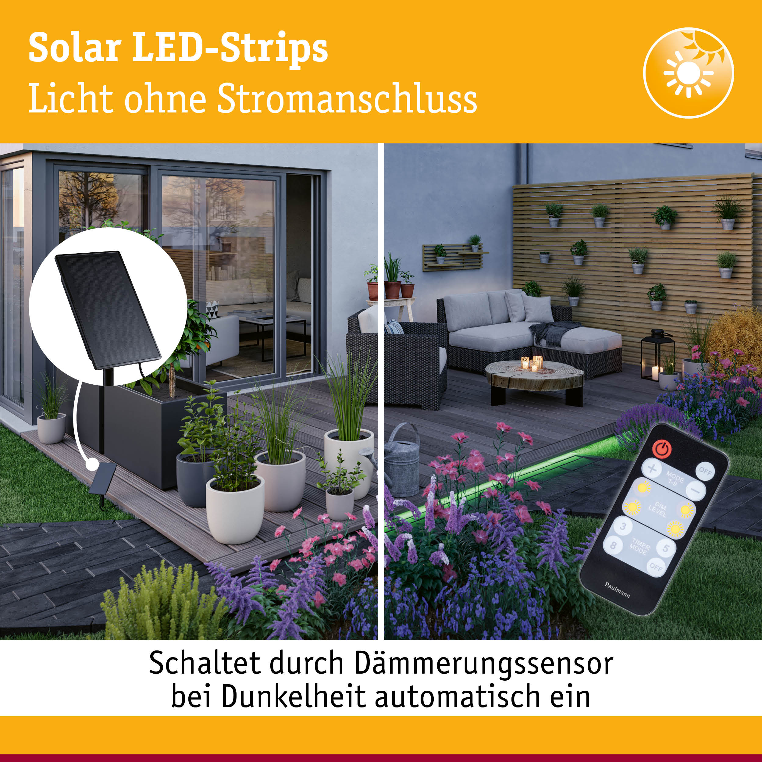 Solar LED-Strips mit schwarzem Solarpanel und Fernbedienung für Gartenbeleuchtung ohne Stromanschluss