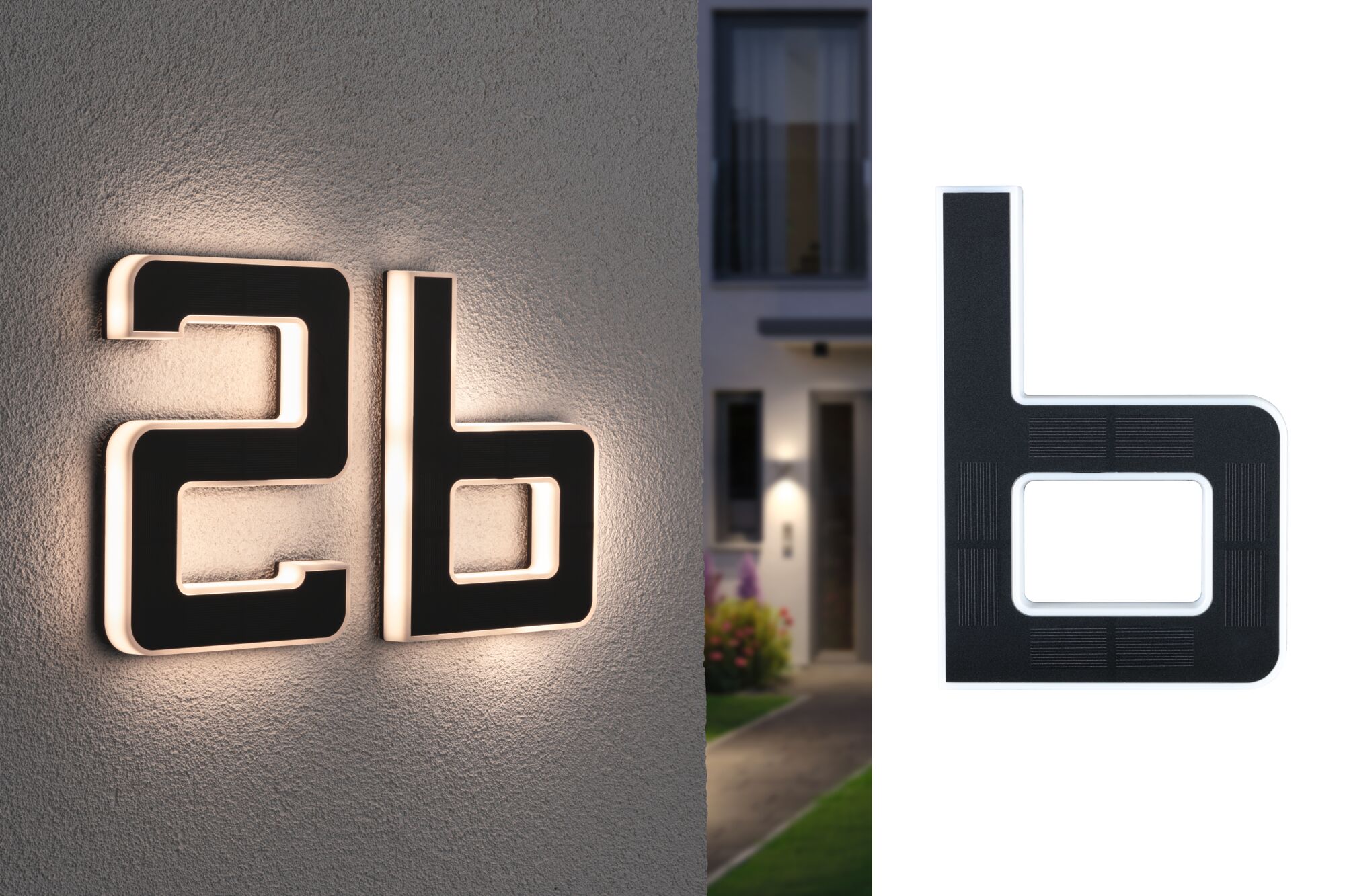 Zwarte LED-huisnummer met wit kunststof frame, verlicht aan buitenmuur in de avond